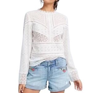 Anthropologie James Coviello Burnham Lace Eyelet Boho Top White Size Small